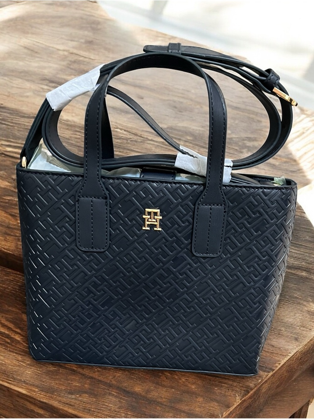 Tommy Hilfiger small embossed navy tote bag